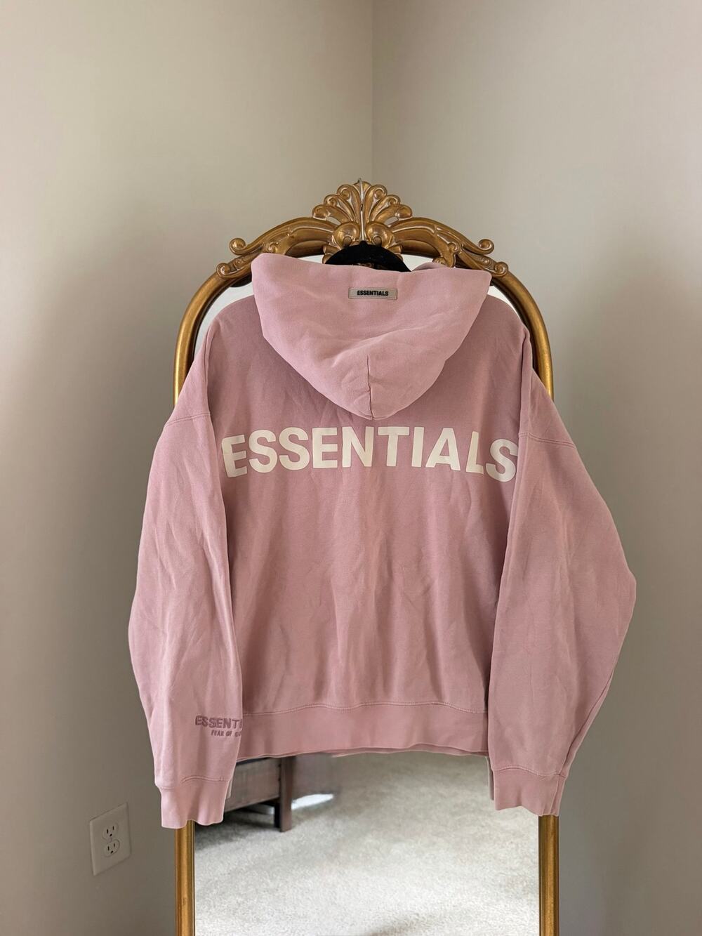 READ Rare Fear of God Essentials Blush Pink 3M Logo Distressed Pullover Hoodie
